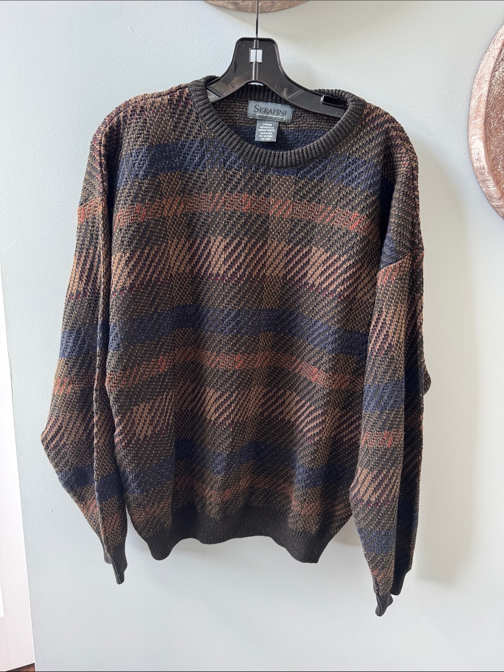 Serafini Brown & Navy Patterned Crewneck Sweater size L